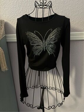 Women’s Y2K Rhinestone Butterfly Black Long-Sleeve Top Size Small